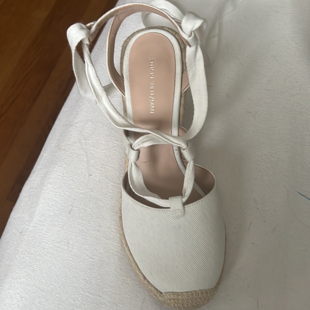 White strap wedges Stuart Weitzman sandals ankle wrap.